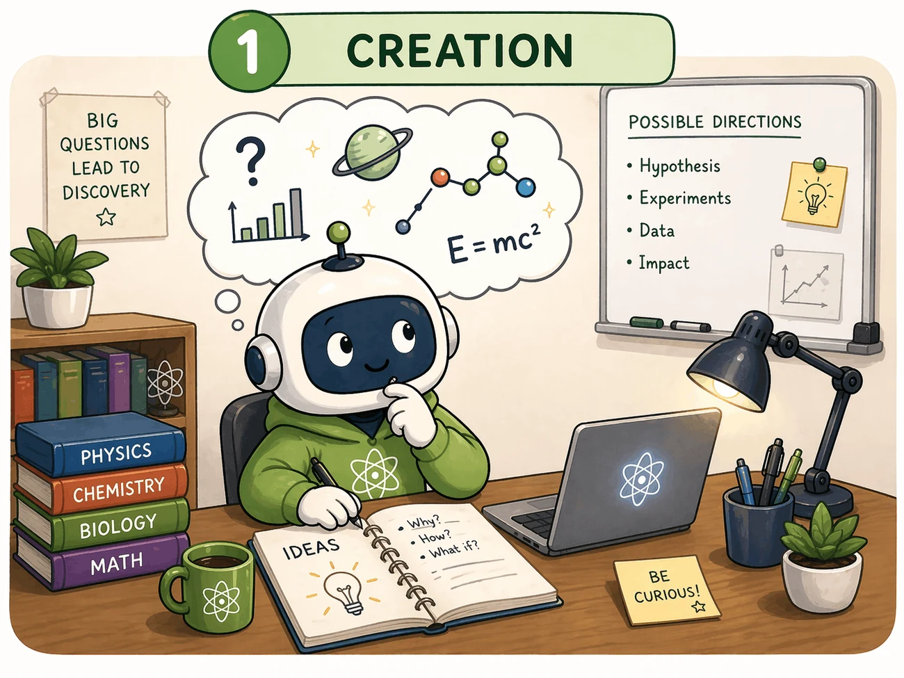 Creation phase illustration covering idea generation, literature review, coding and experiments, and tables and figures