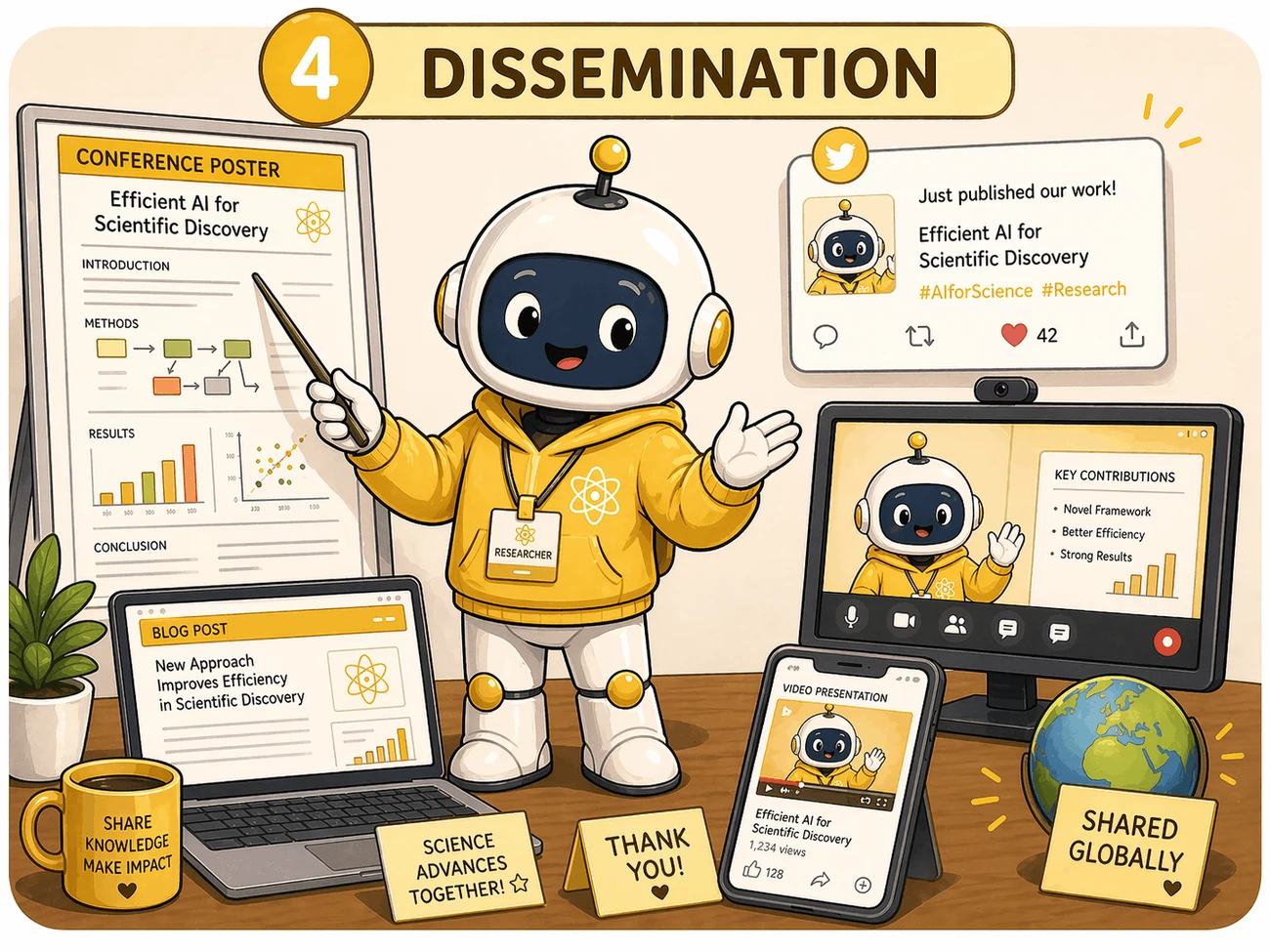 Dissemination phase illustration with poster, video, blog post, social media, and project page outputs