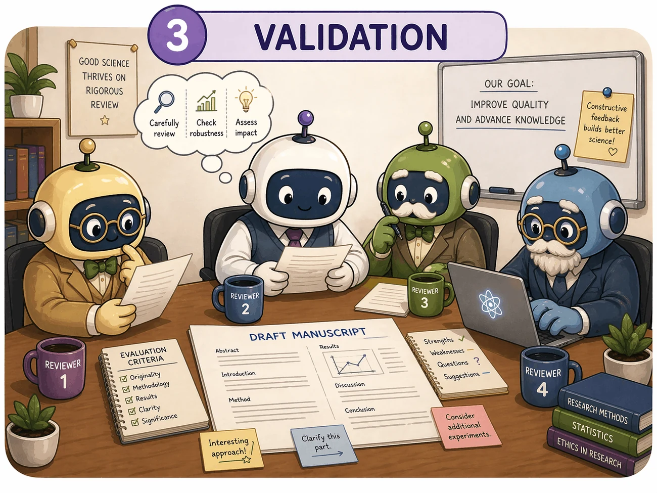 Validation phase illustration with peer review, critique, novelty assessment, and rebuttal