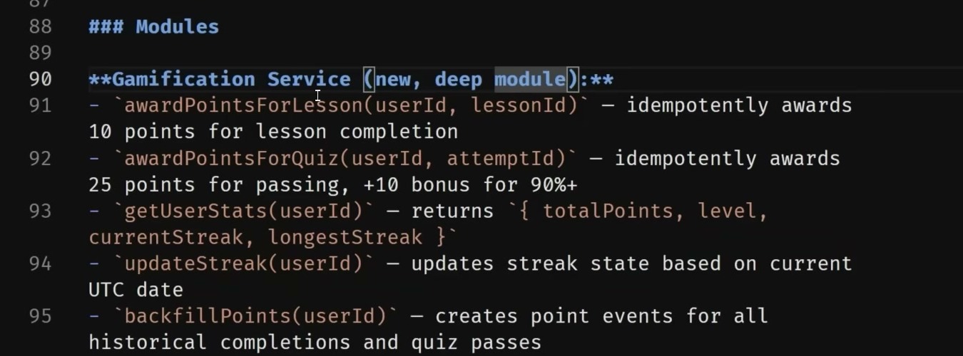 Markdown PRD frame showing Gamification Service marked as a new deep module with a compact API surface