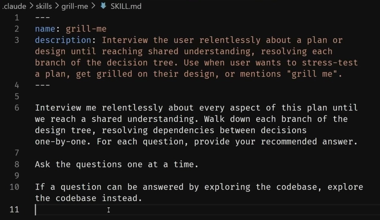 VS Code frame showing Matt Pocock's grill-me skill prompt for interviewing the user until shared understanding