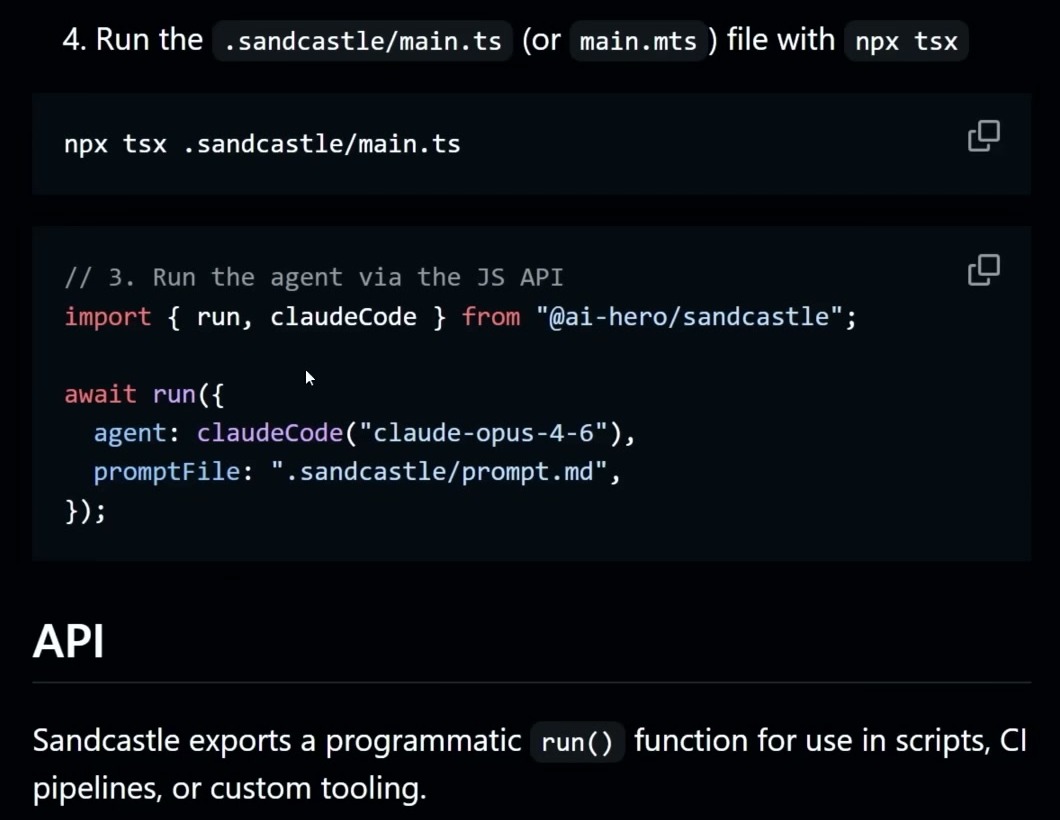 Sandcastle README frame showing npx tsx .sandcastle/main.ts and JavaScript API usage with run and claudeCode