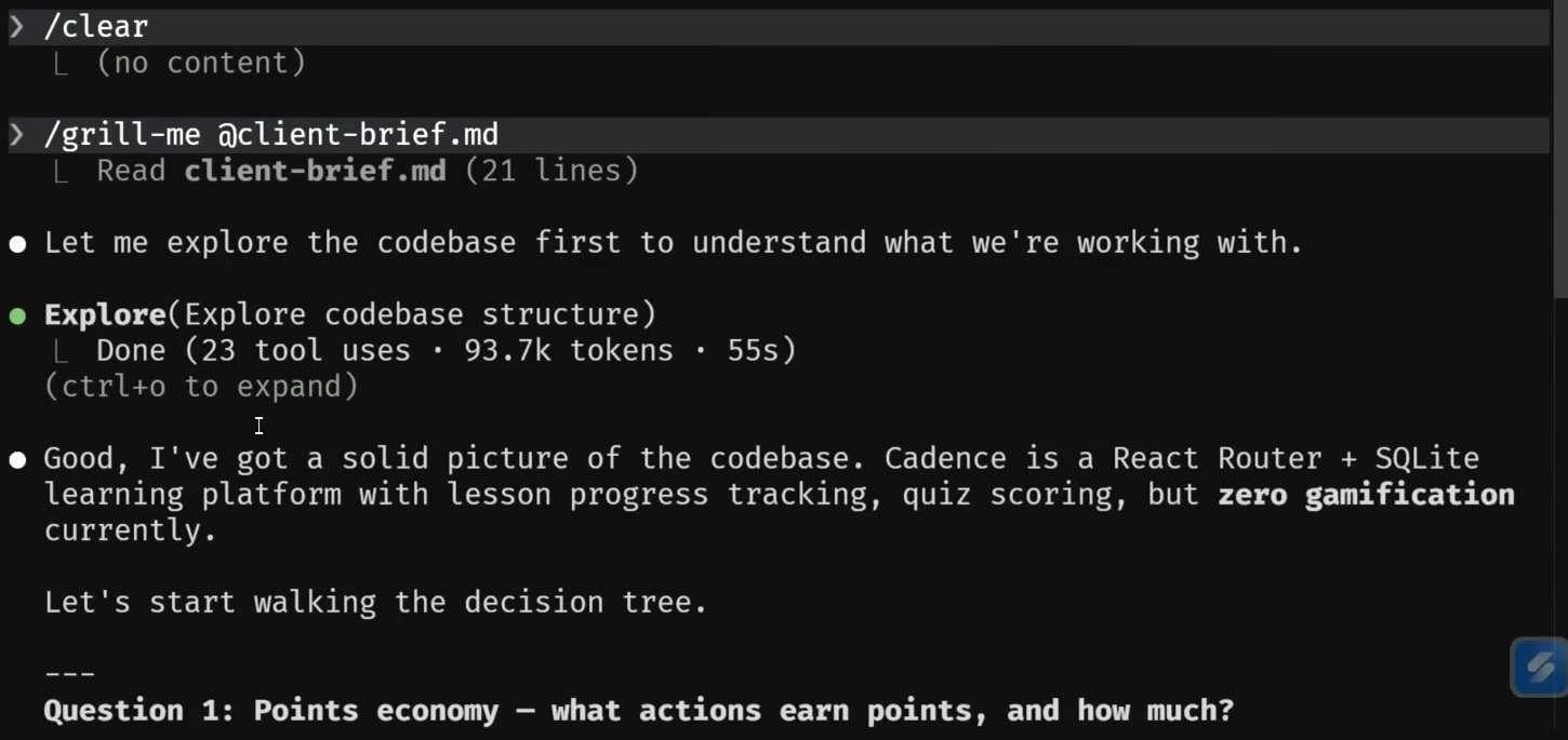 Terminal frame showing clear context, grill-me invocation, subagent codebase exploration, and the first clarification question
