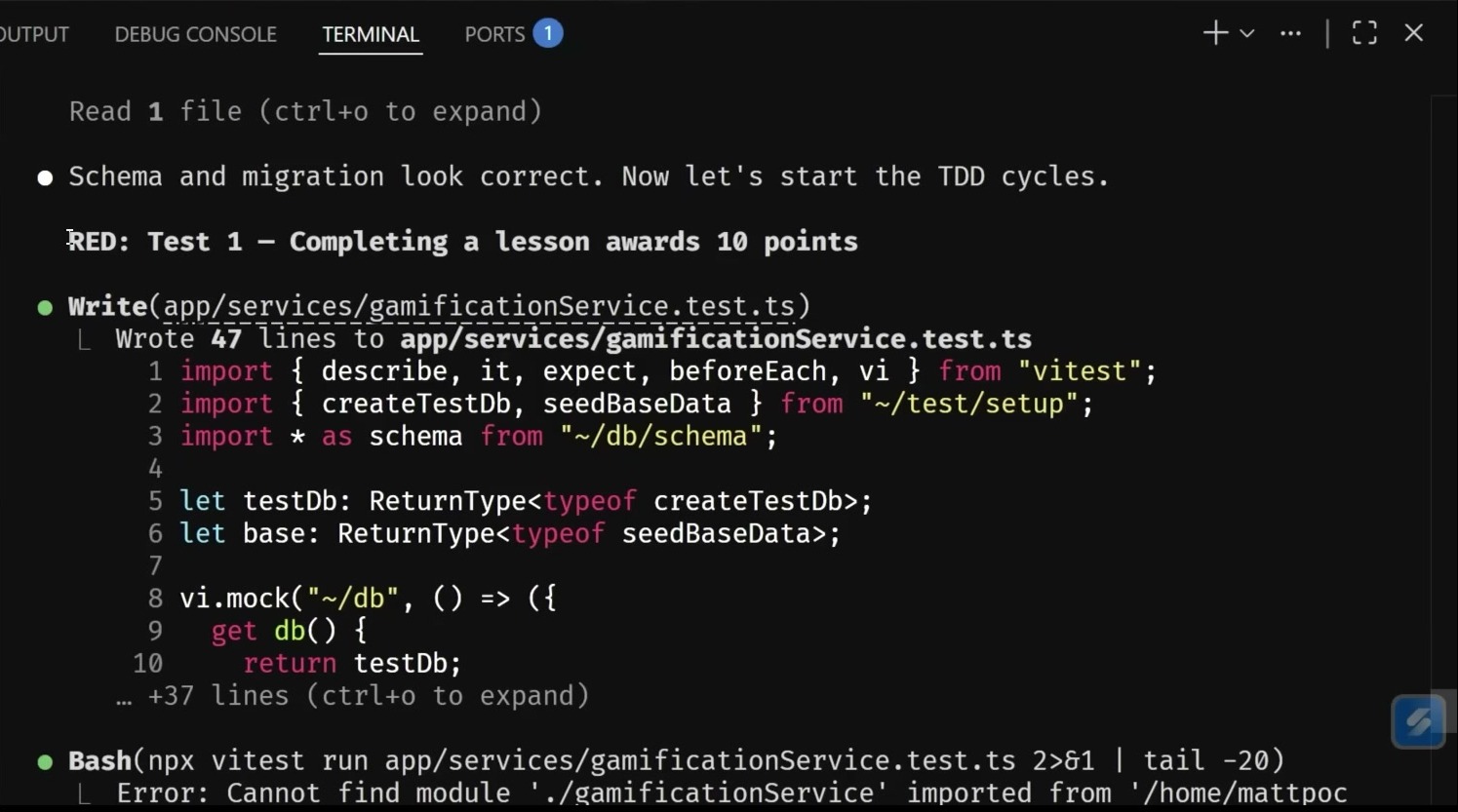 Terminal frame showing a TDD red step where an agent writes a failing Vitest test before implementing a gamification service