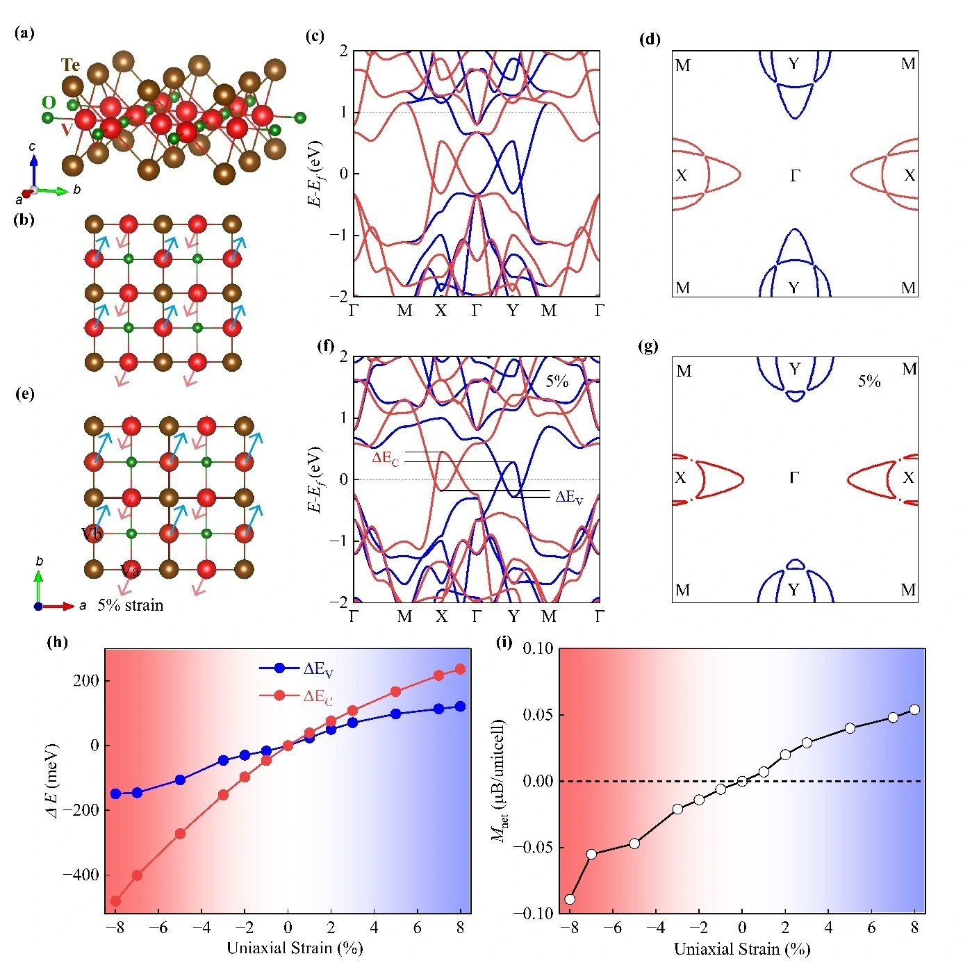 Crystal structure, band structure, Fermi surfaces, and strain-tunable net magnetization of monolayer V2Te2O