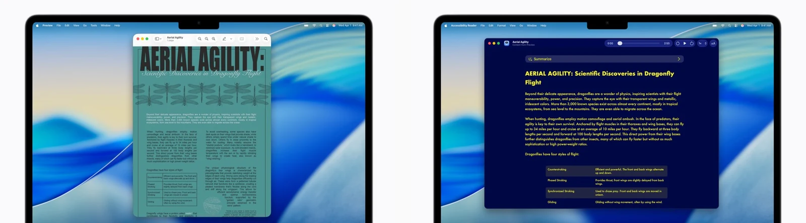 Accessibility Reader before and after document transformation on Mac