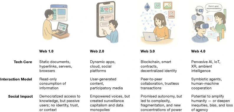 Foundation Protocol paper figure comparing Web 1.0, Web 2.0, Web 3.0, and Web 4.0 coordination failures
