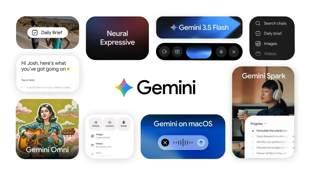 Google Gemini app bento image showing Daily Brief, Neural Expressive, Gemini 3.5 Flash, Gemini Spark, Gemini Omni and Gemini on macOS