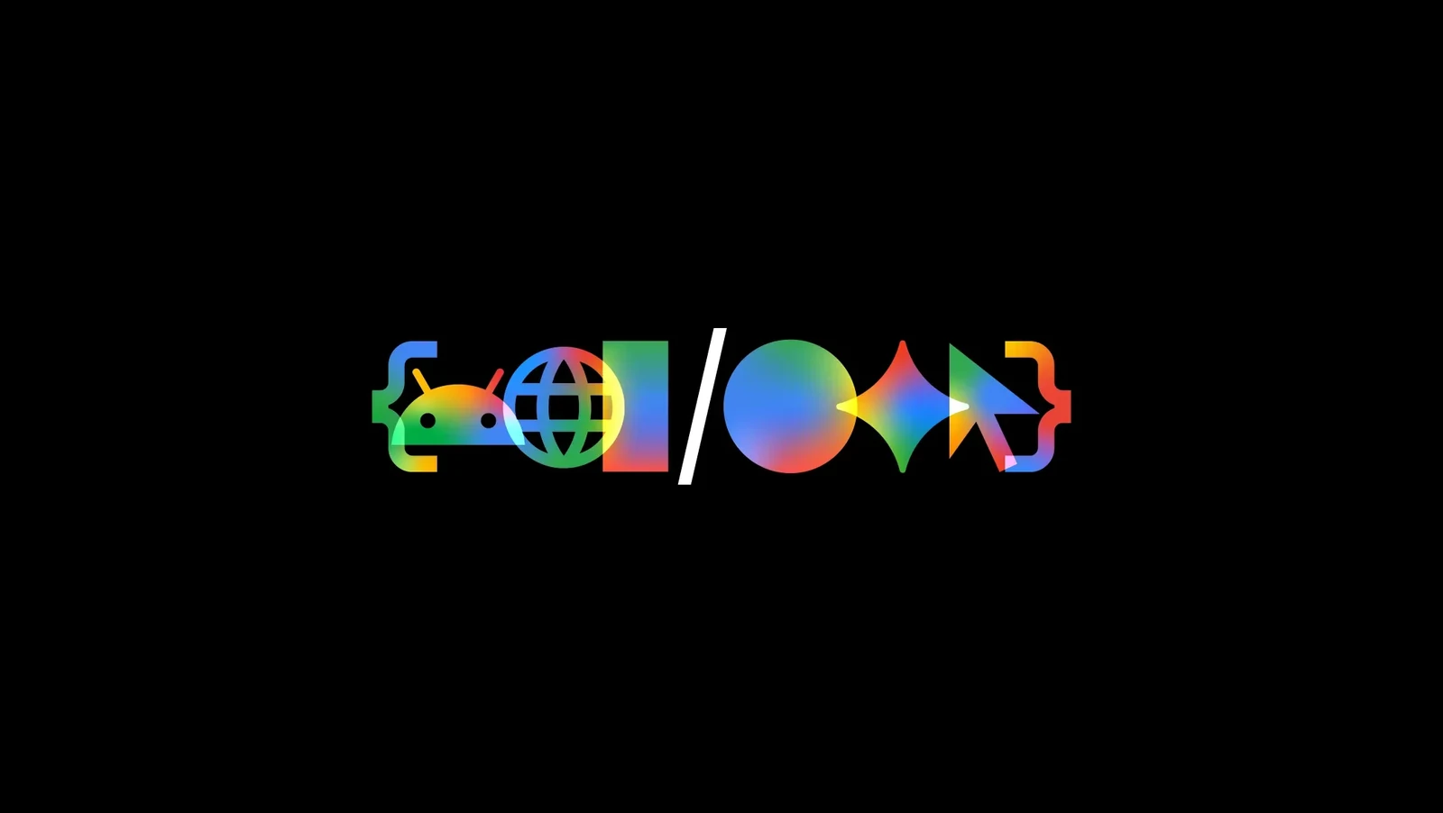 Google I/O 2026 official hero image with colorful icons on a black background