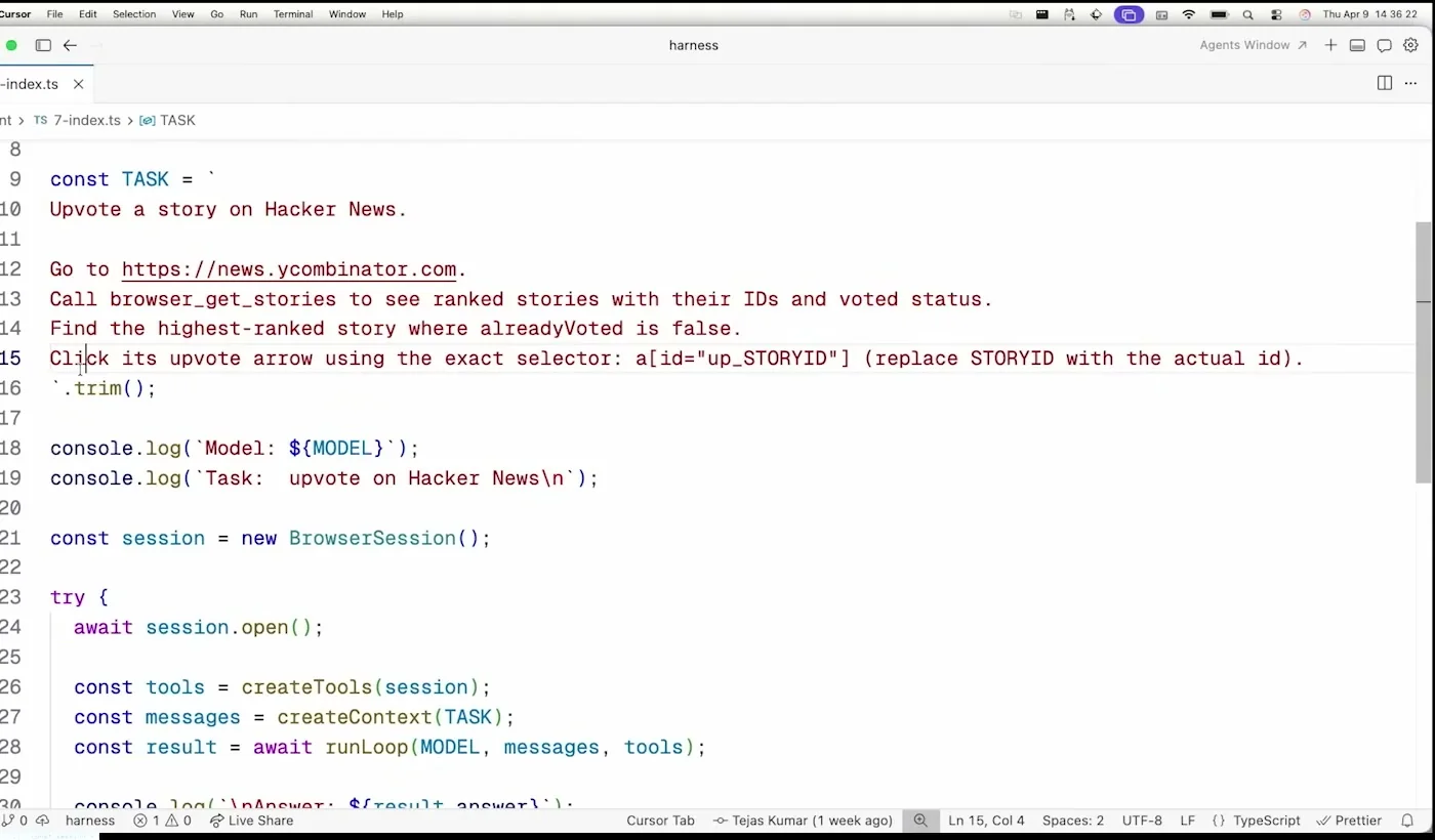 Code frame showing the Hacker News upvote task prompt and browser session setup