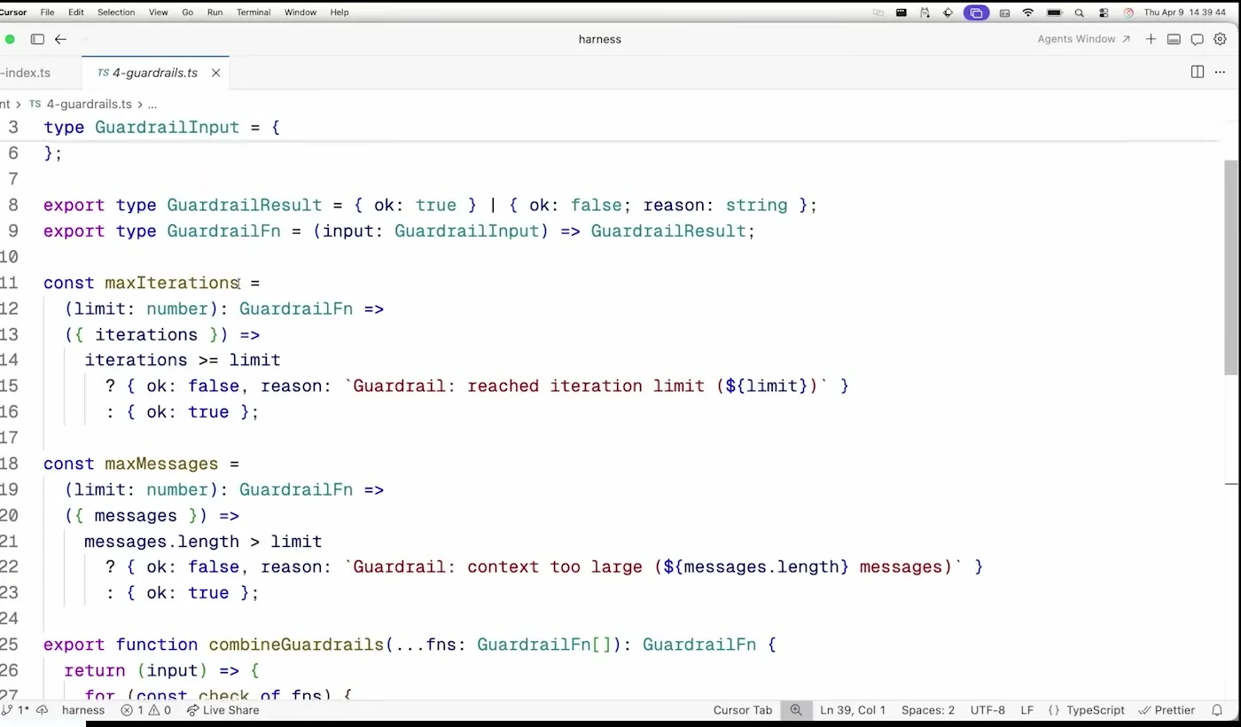 Code frame showing guardrail functions for max iterations and max messages in the harness demo