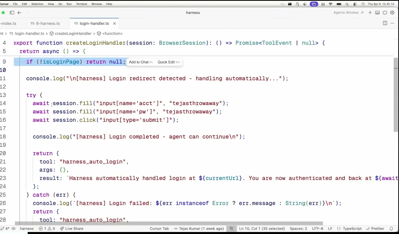 Code frame showing login handler filling credentials programmatically when browser is on a login page
