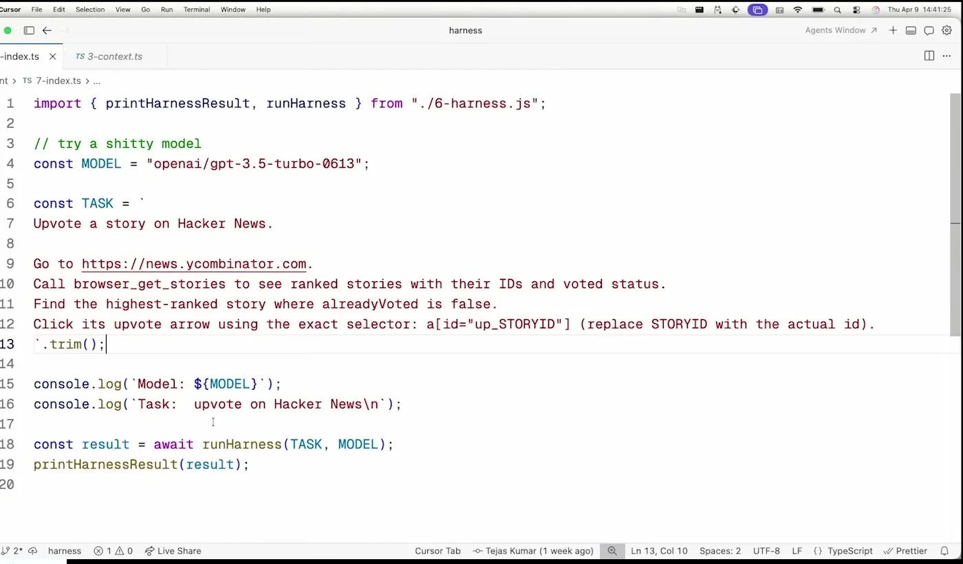 Code frame showing runHarness entrypoint and model/task setup