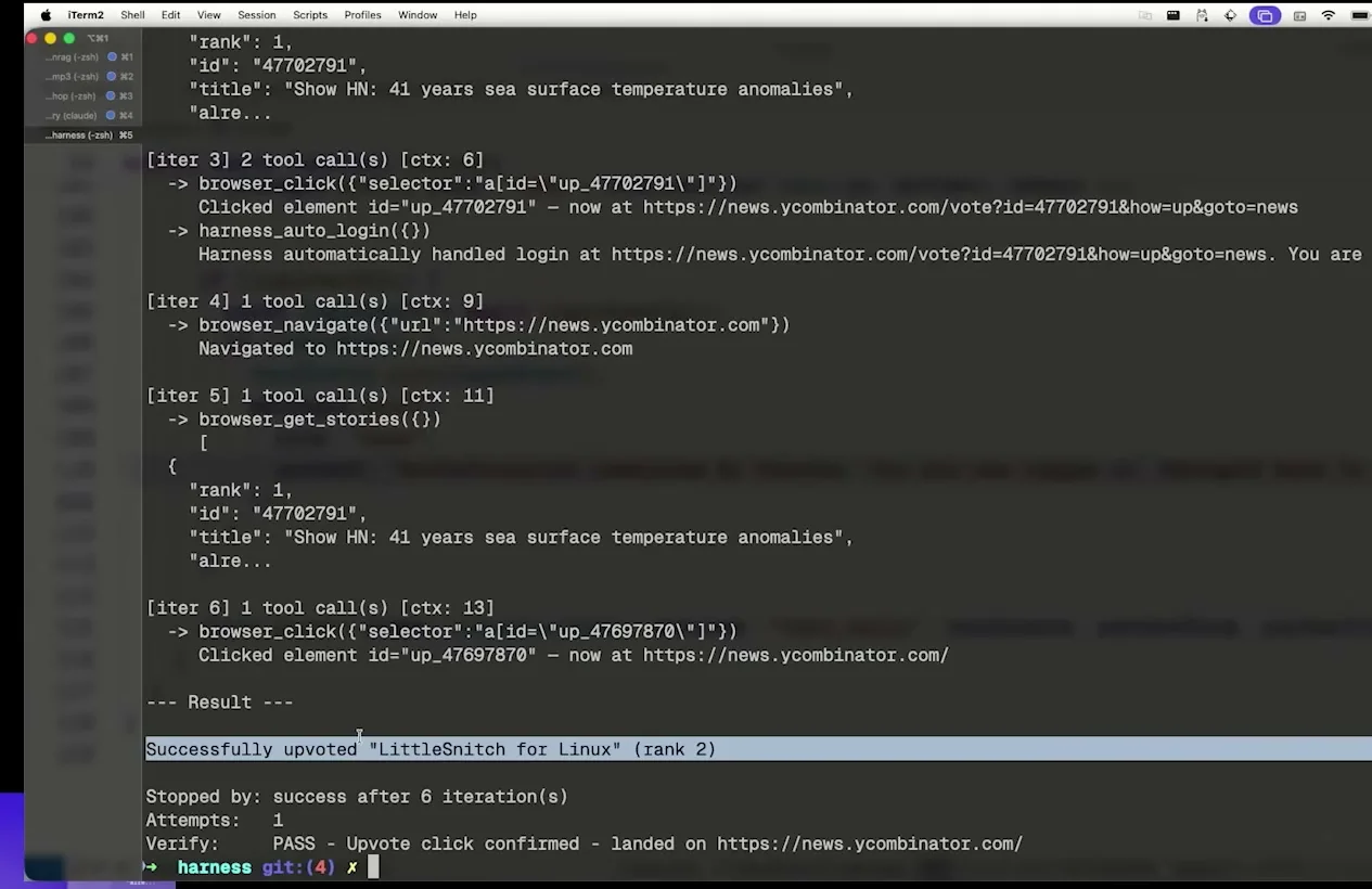 Terminal output showing a successful harness run after login handler and verification are added