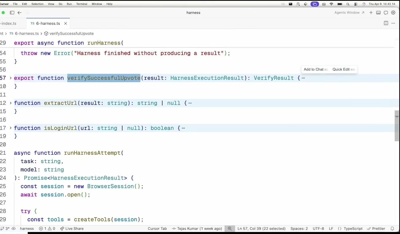 Code frame showing verifySuccessfulUpvote inspecting harness trace and login failure cases