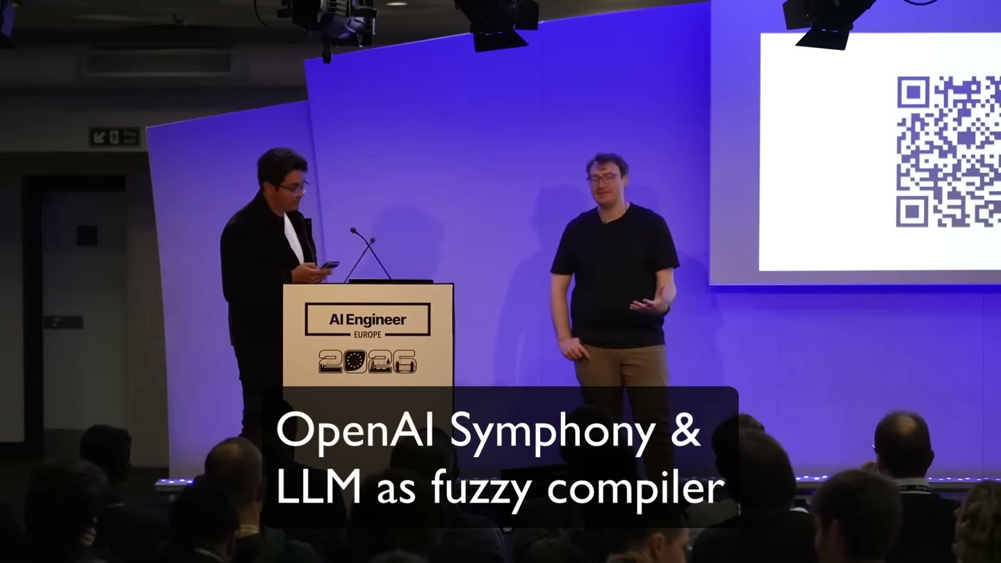 Q&A frame mentioning OpenAI Symphony and LLM as fuzzy compiler