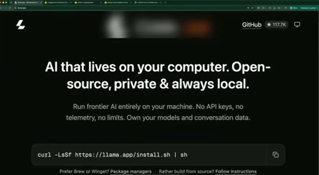 Video screenshot showing llama.app page with local model installation command and local AI framing