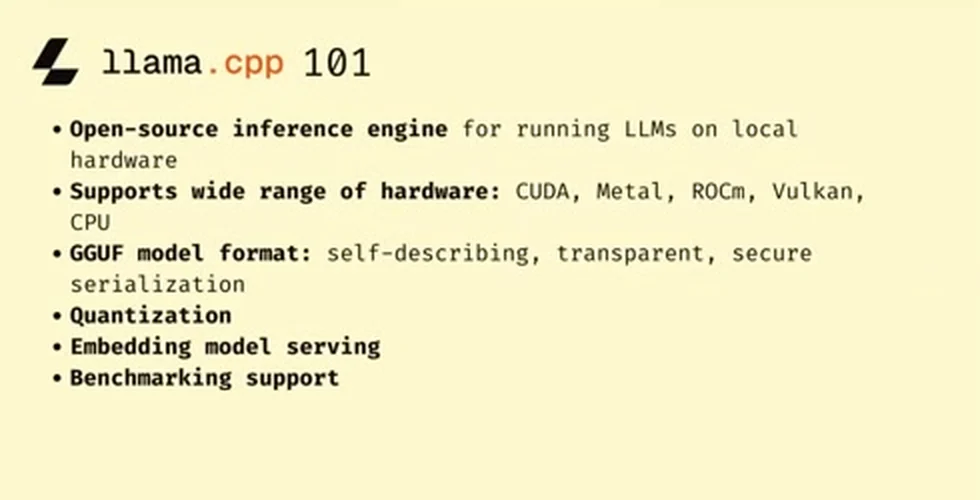 Video screenshot showing llama.cpp 101 slide with hardware support, GGUF, quantization, embedding model serving, and benchmarking