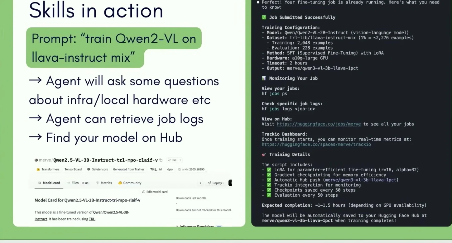 Slide titled Skills in action, showing a prompt to train Qwen2-VL on llava-instruct-mix and a terminal running an agent job