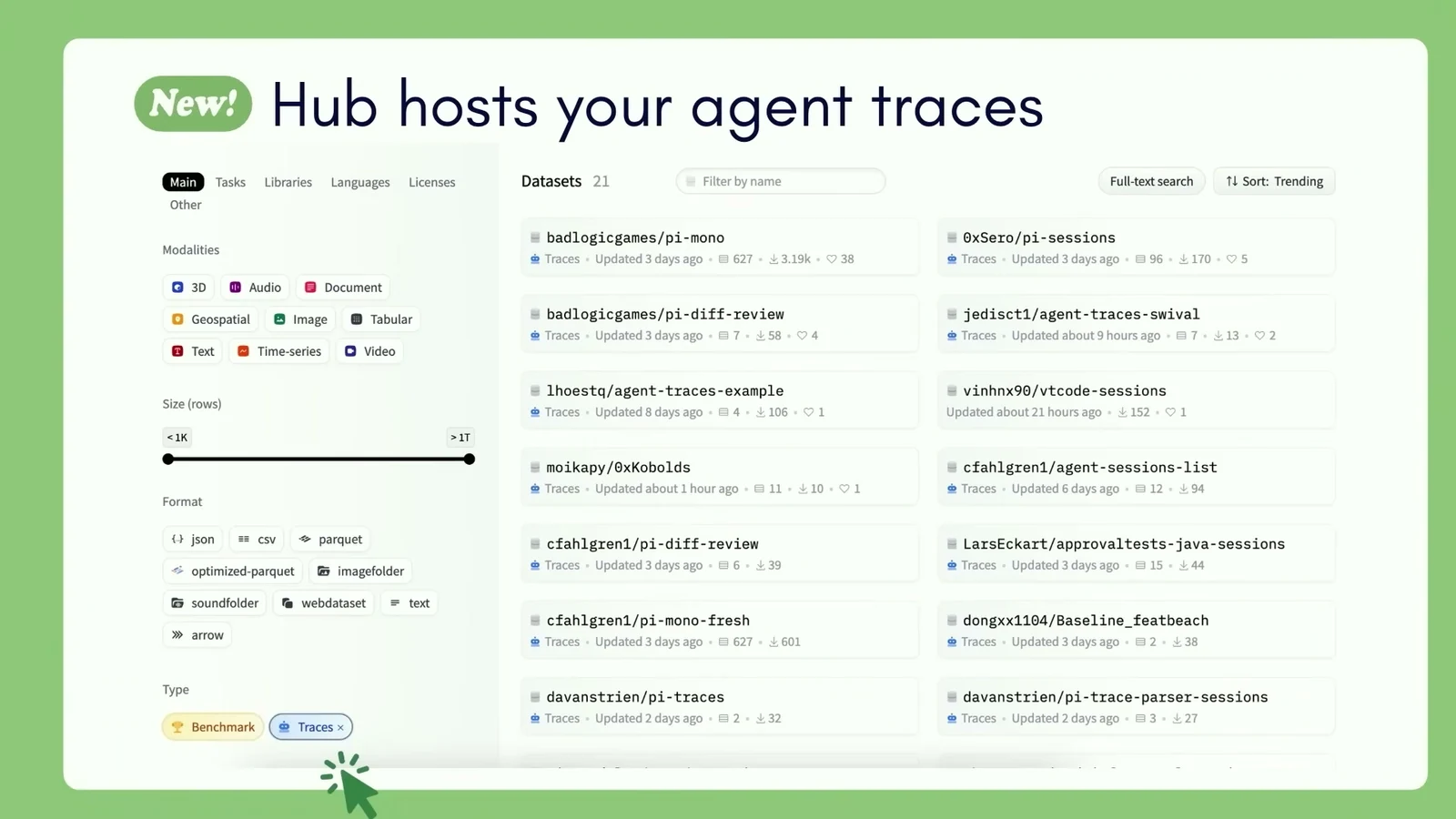Slide saying Hub hosts your agent traces, showing a dataset-style traces repository on Hugging Face Hub