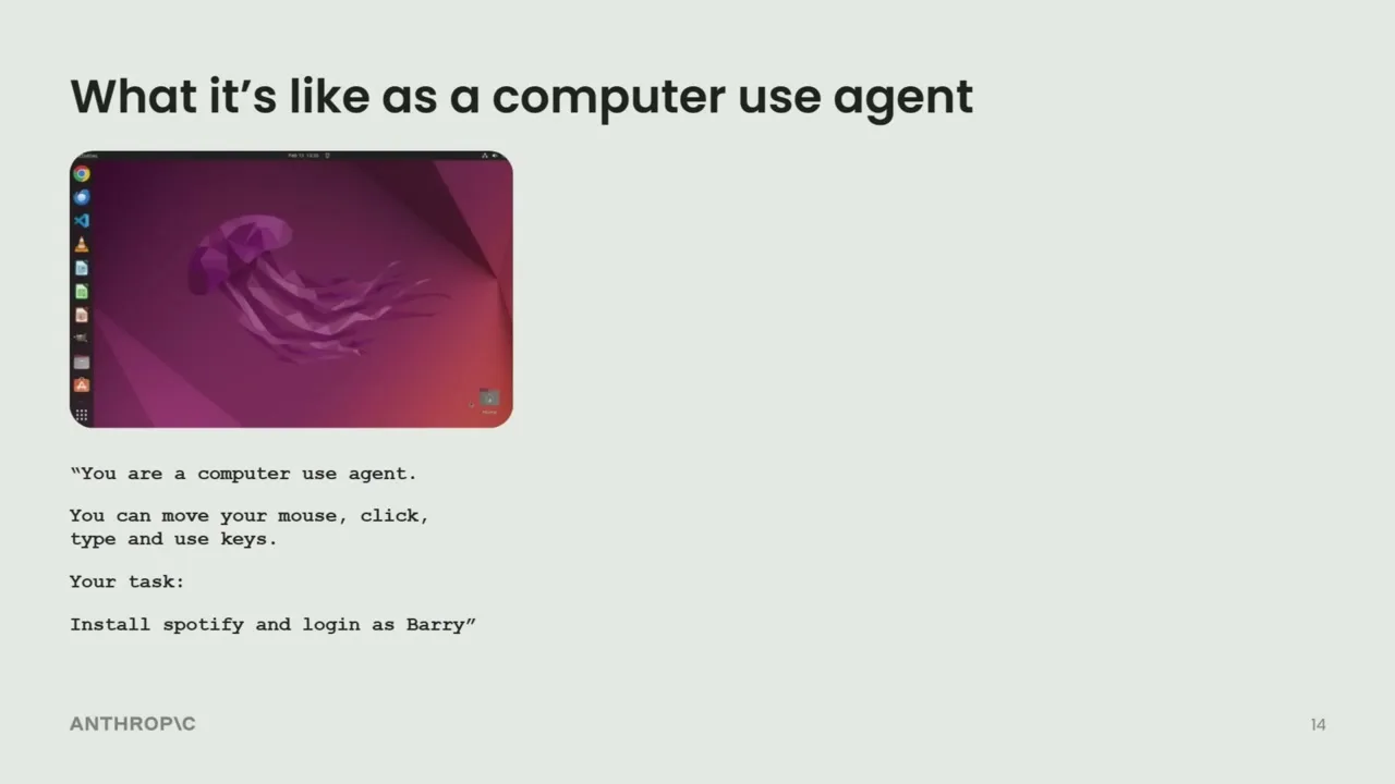Slide asking what it is like as a computer use agent, with a screenshot and minimal task description