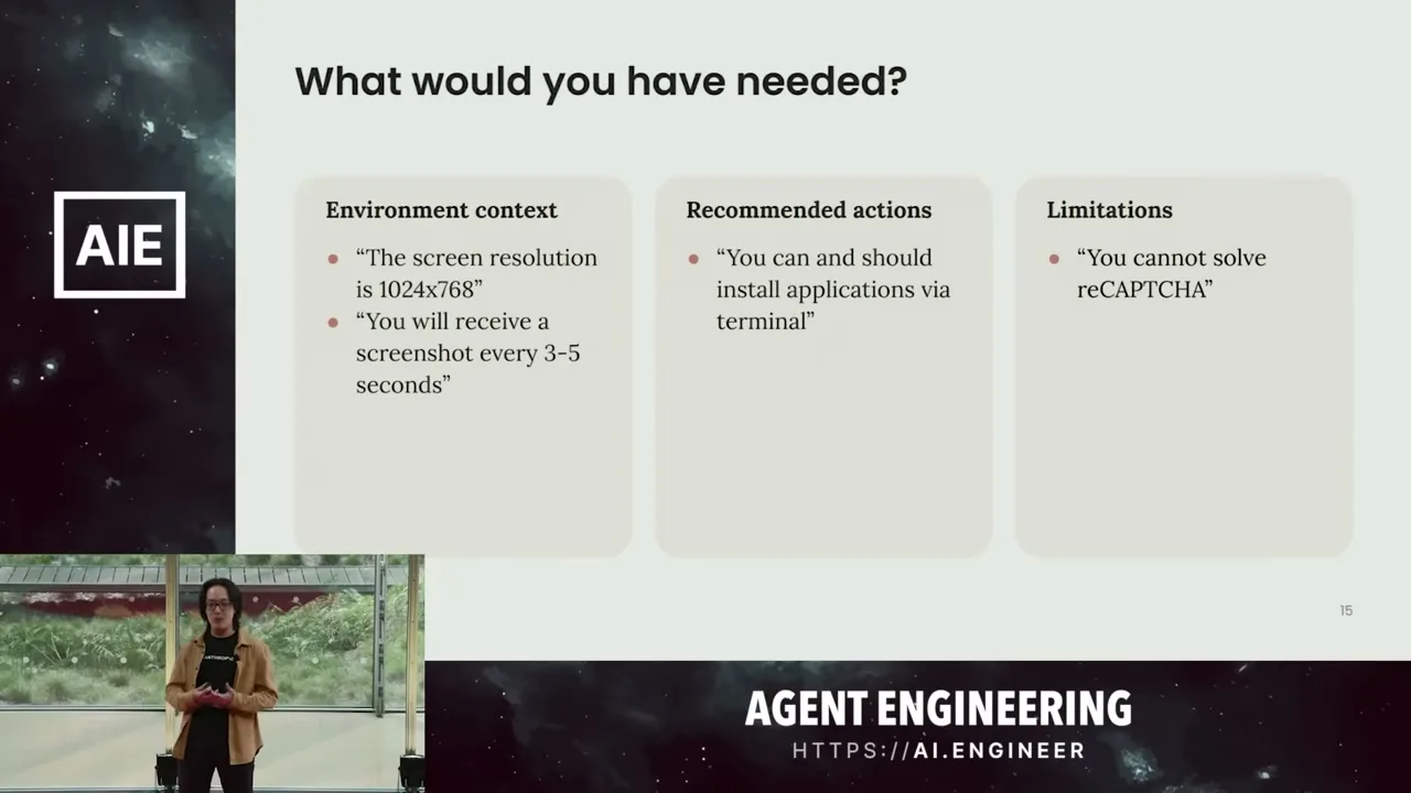 Slide listing what a computer use agent would need: environment context, recommended actions, and limitations