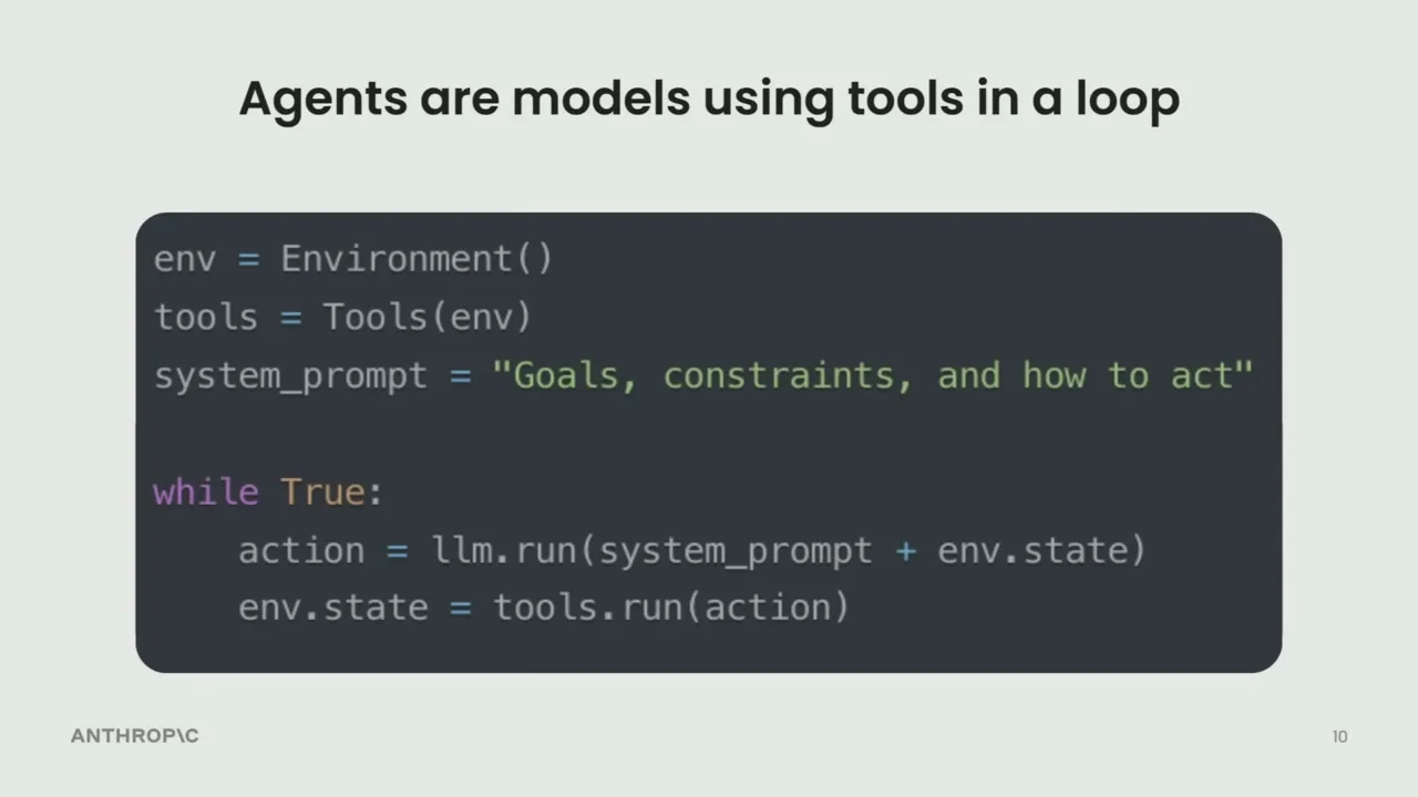 Slide explaining that agents are models using tools in a loop