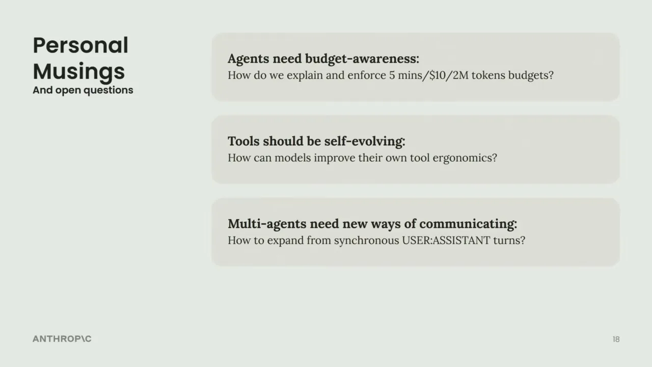 Slide listing personal musings and open questions: budget-aware agents, self-evolving tools, and multi-agent communication