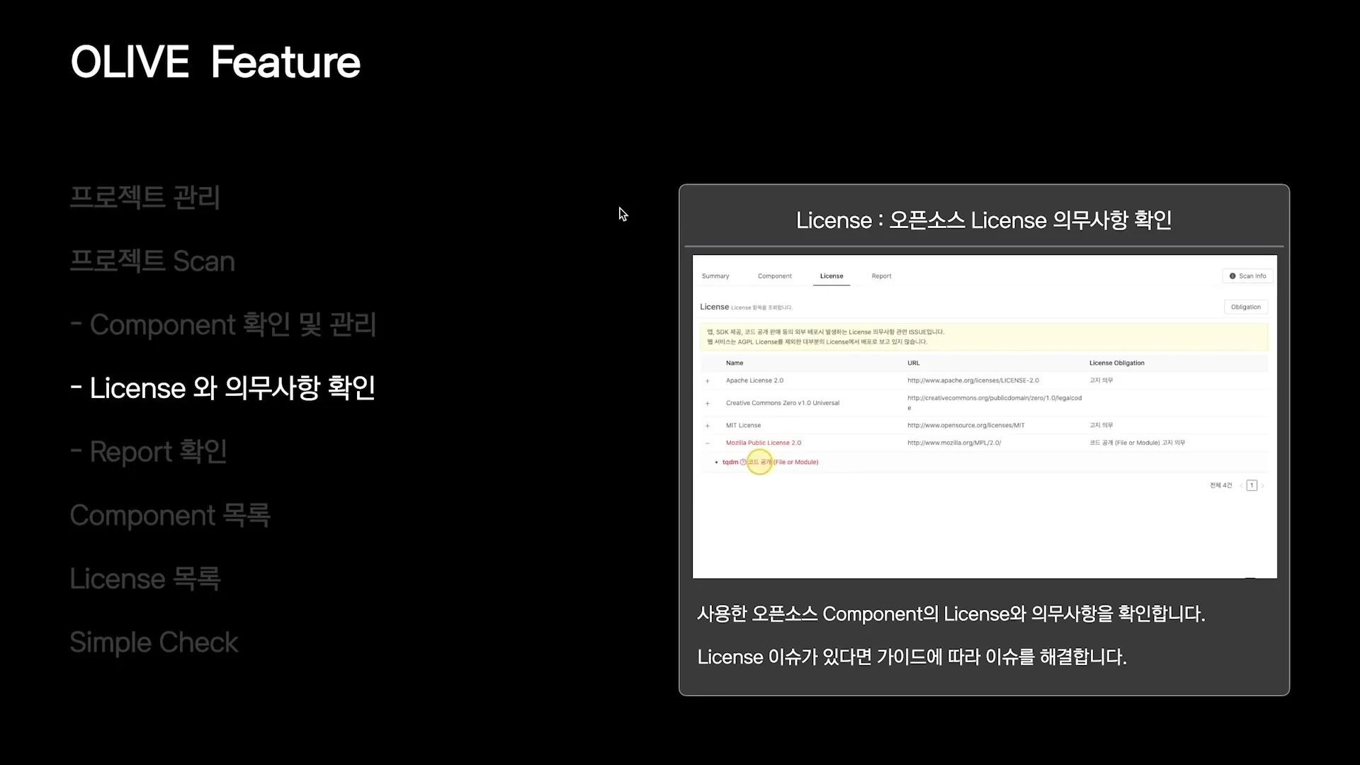 OLIVE License screen showing license obligations and an MPL 2.0 code disclosure issue
