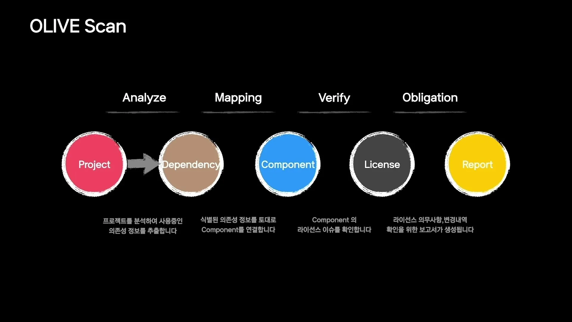 OLIVE Scan flow slide showing Analyze, Mapping, Verify Obligation, and Report