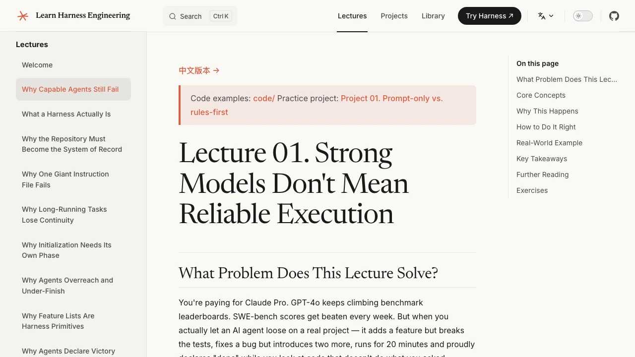 Lecture 01 page from Learn Harness Engineering explaining why strong models do not mean reliable execution