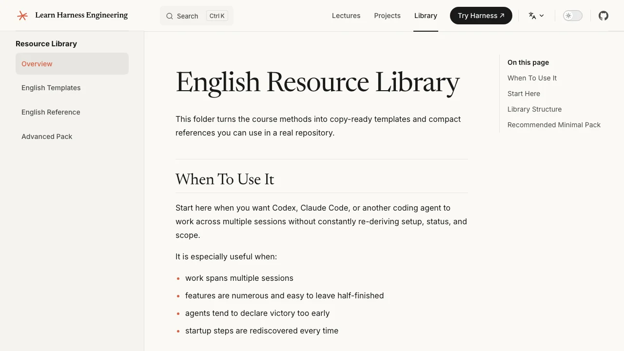 Learn Harness Engineering resource library page with templates and openai advanced repository structure