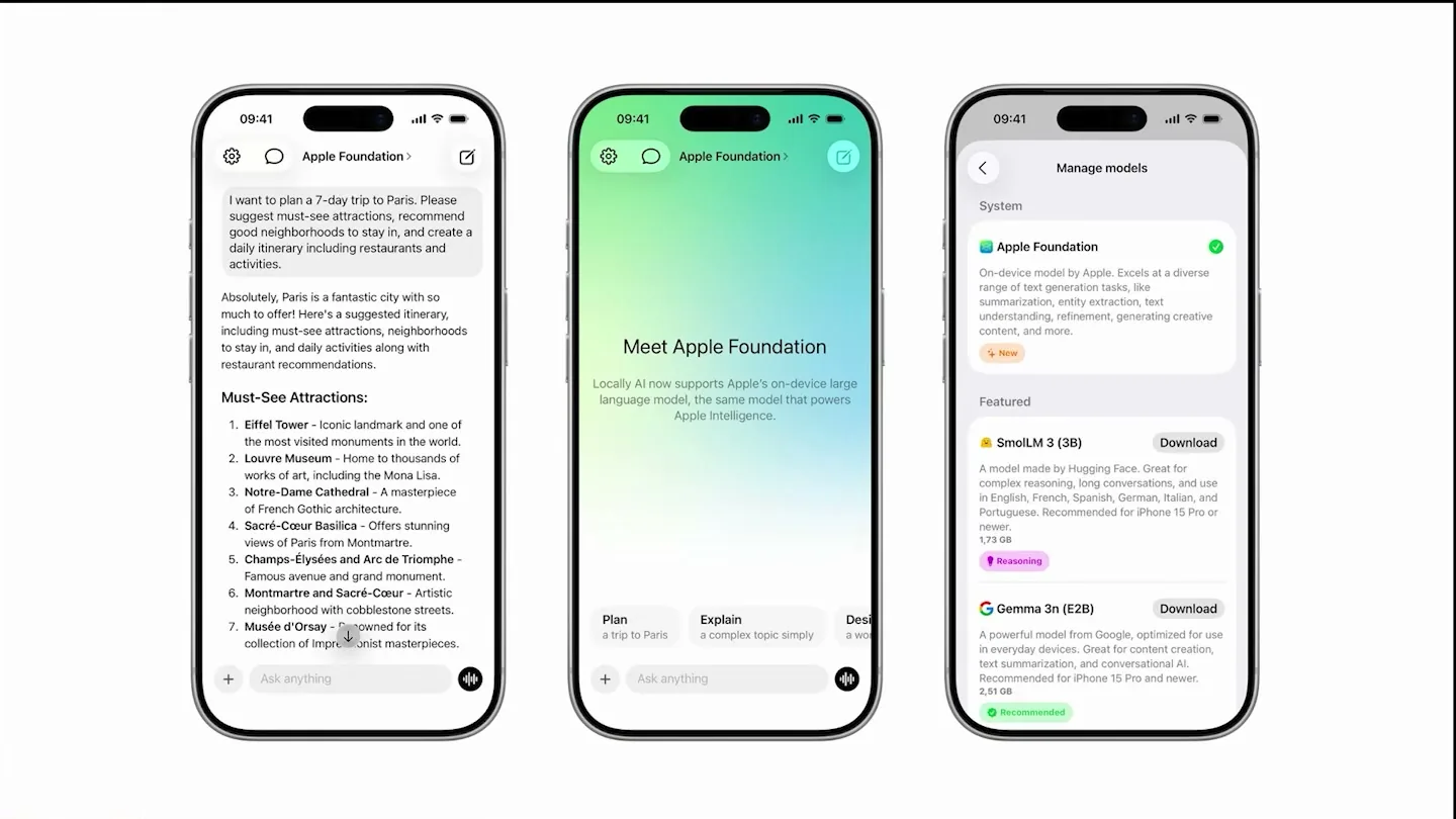 Locally AI iOS screenshots showing a native local chatbot app running on iPhone
