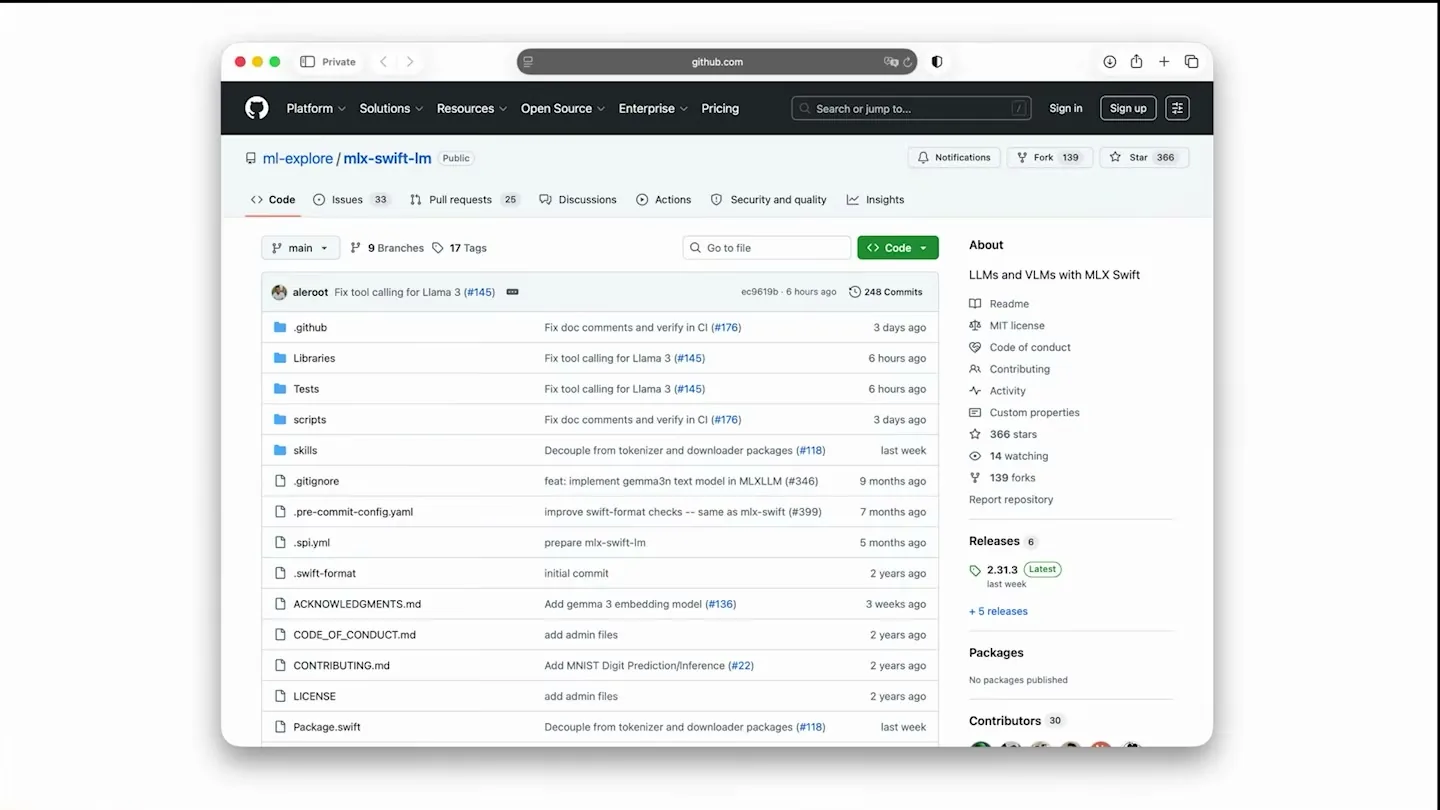 GitHub repository page for ml-explore/mlx-swift-lm, the Swift package for LLMs and VLMs with MLX Swift