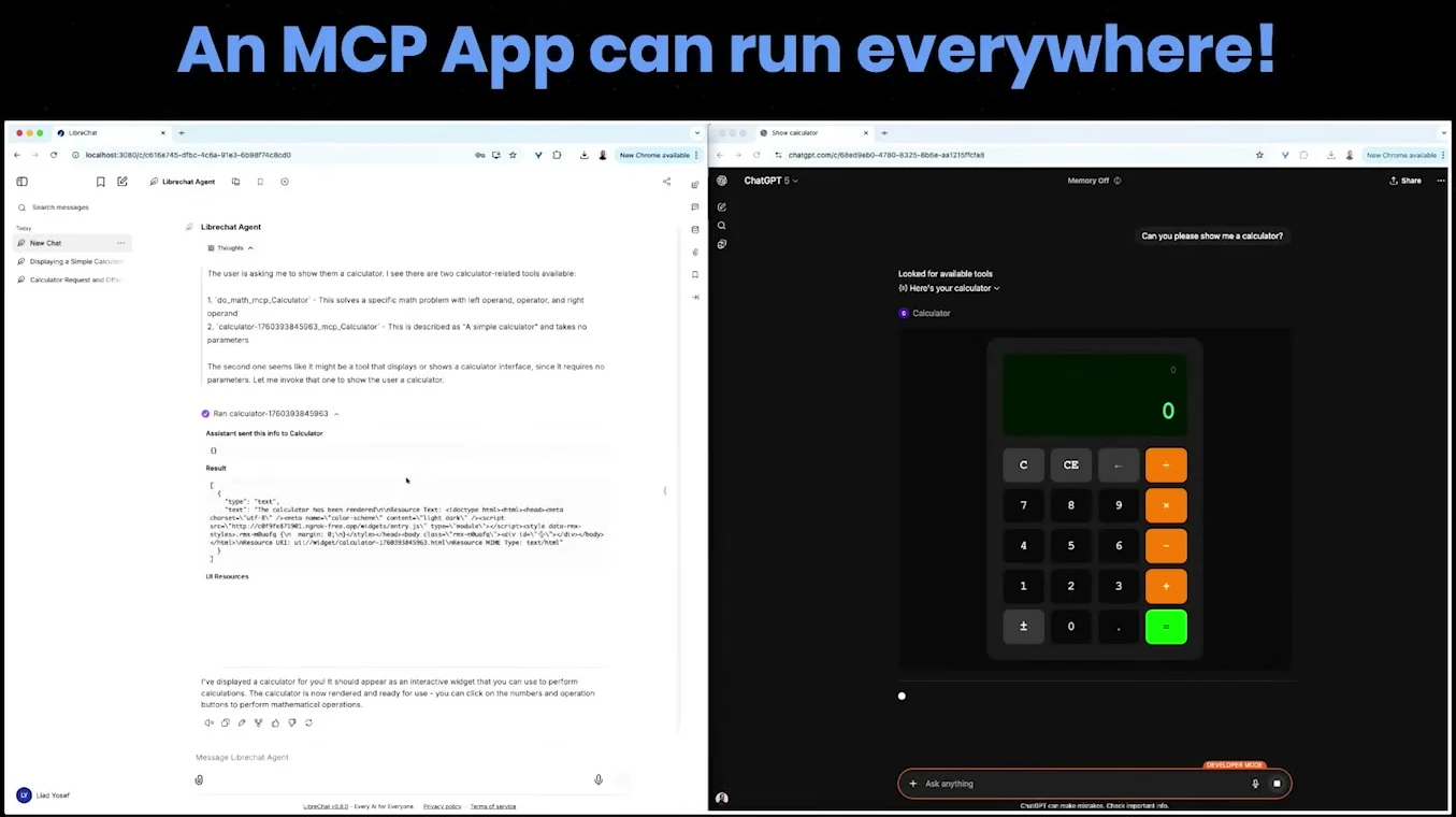 Slide saying An MCP App can run everywhere, showing the same calculator app across two hosts
