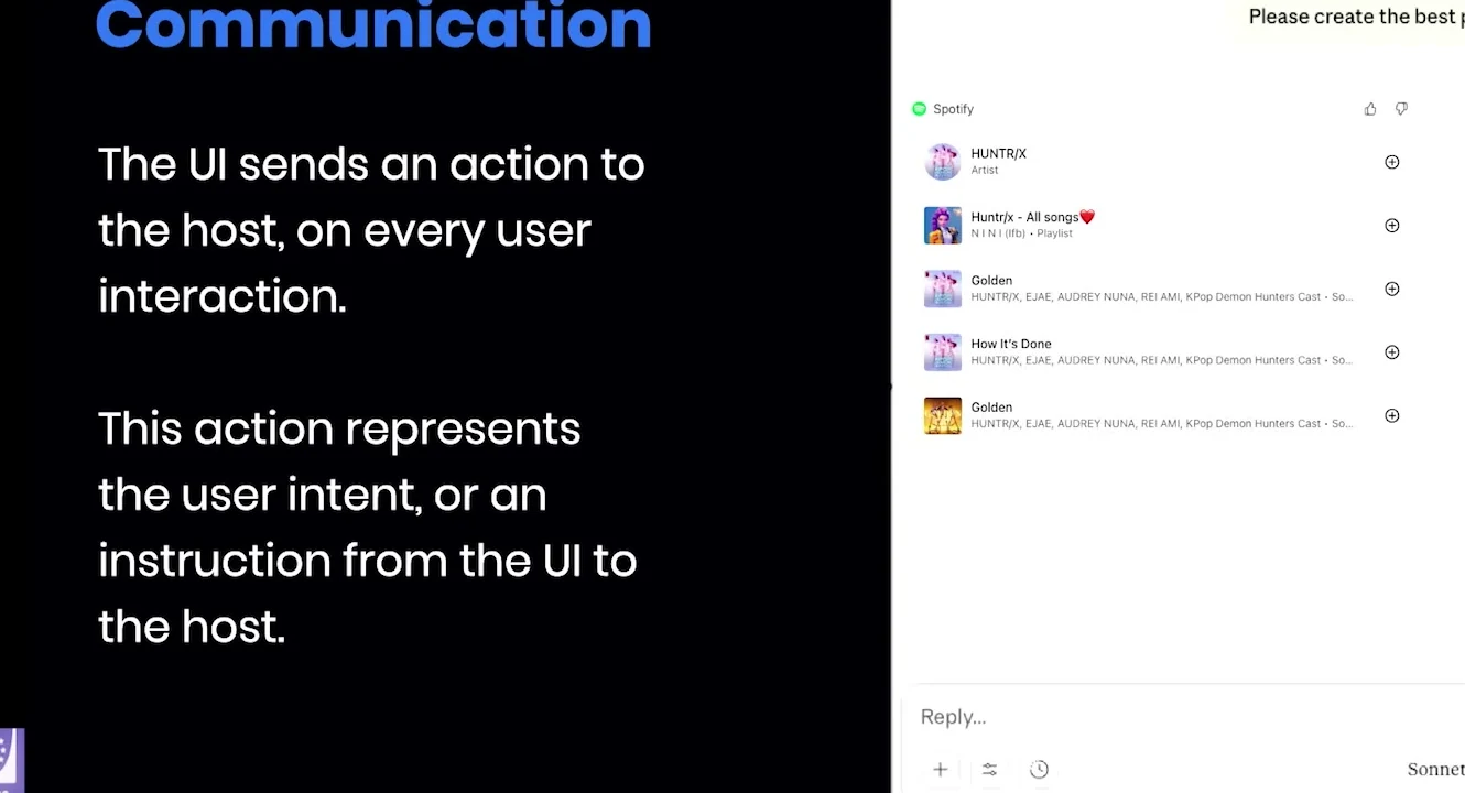 Slide titled Communication explaining that UI sends an action to the host on every user interaction