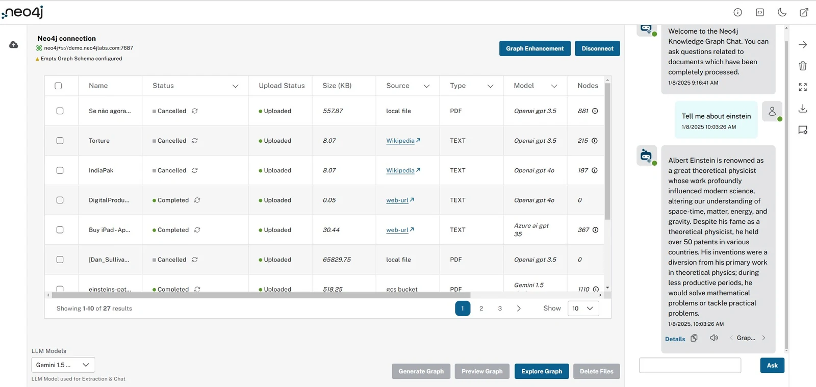 Official LLM Graph Builder chatbot screenshot showing GraphRAG question answering side panel