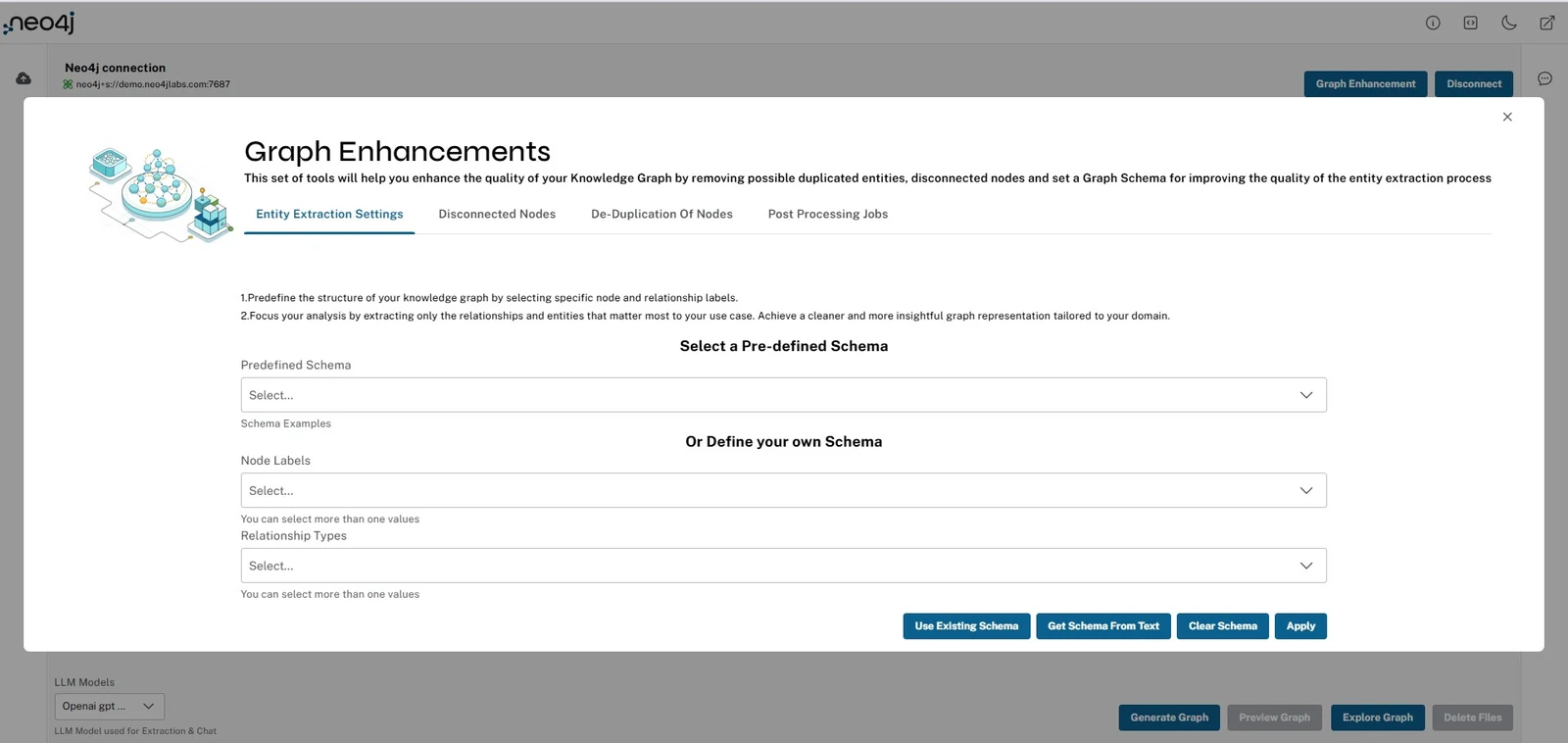 Official LLM Graph Builder graph enhancement and schema settings screenshot