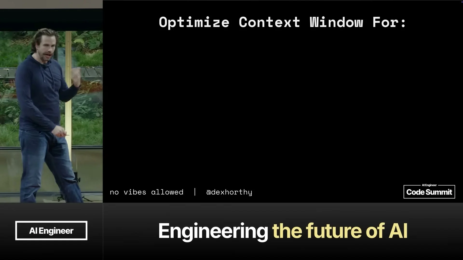 Slide listing what to optimize context window for: looking for files, understanding code flow, edits, test output, JSON tool responses