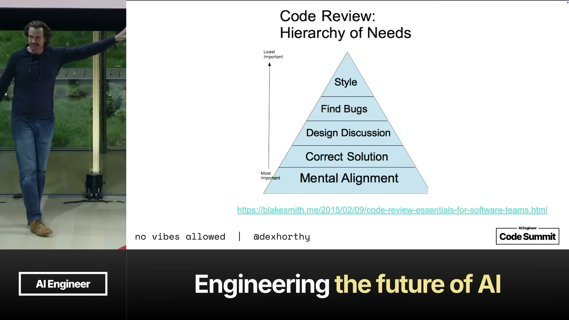Slide showing a code review hierarchy of needs with mental alignment at the base