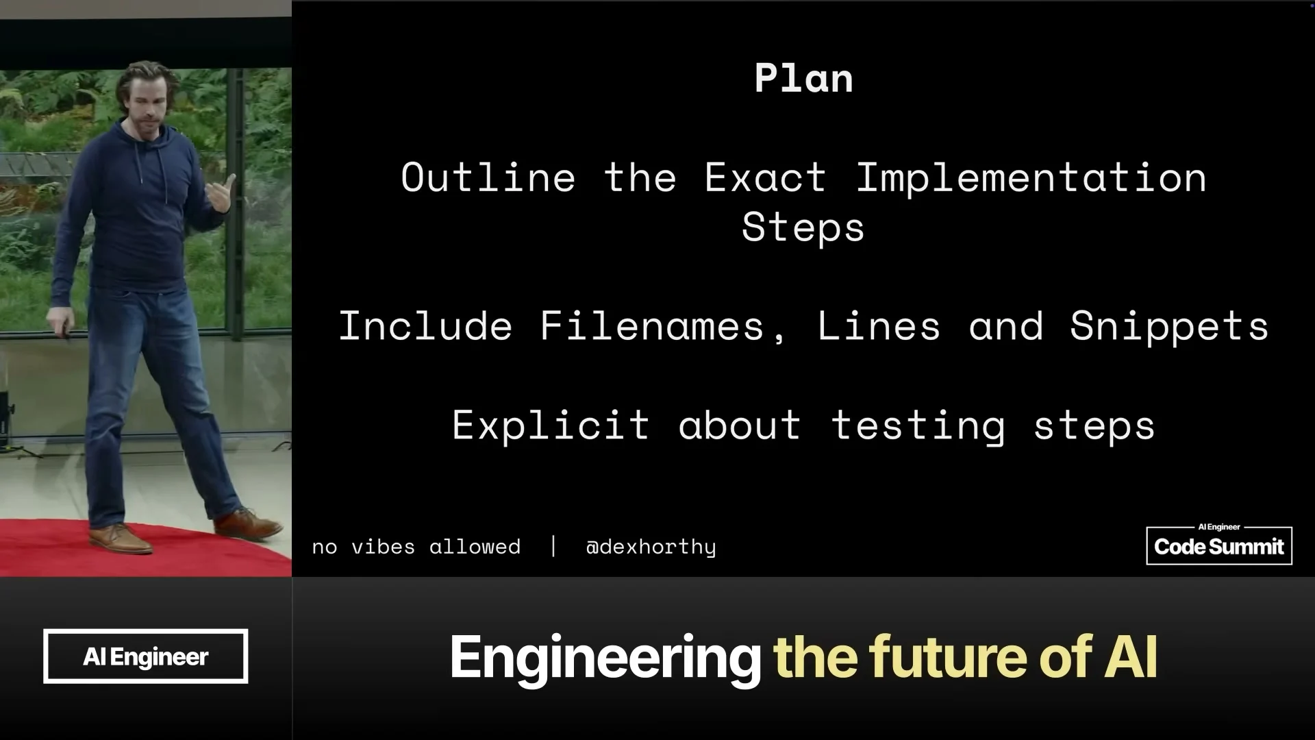 Slide describing the plan phase: outline exact implementation steps, include filenames, lines, snippets, and testing steps