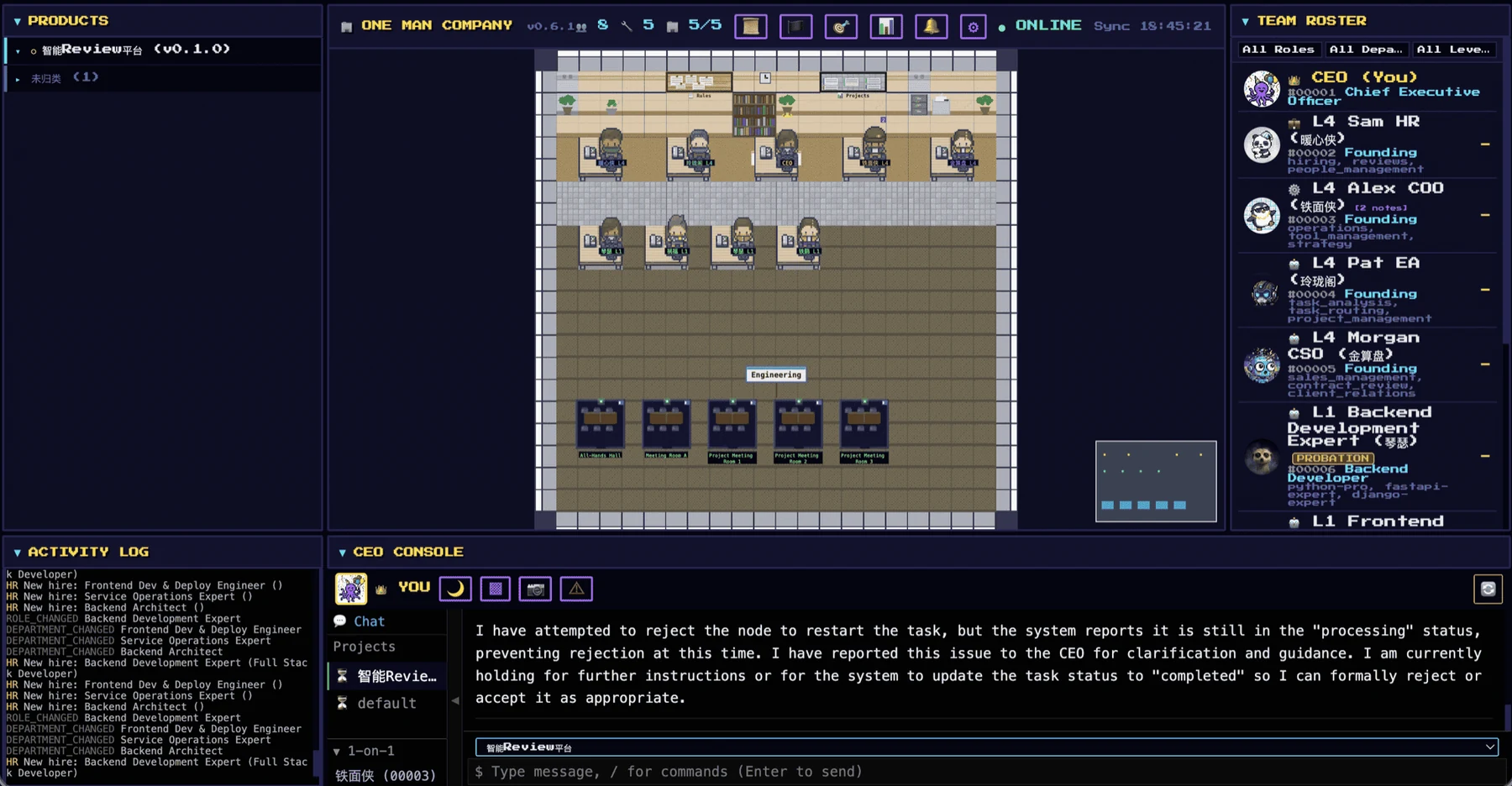 OneManCompany running office interface with AI employees, team roster, activity logs, and chat console