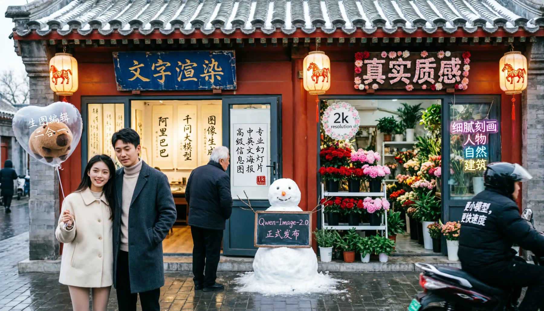 Qwen-Image-2.0 official launch visual with text-rich street scene
