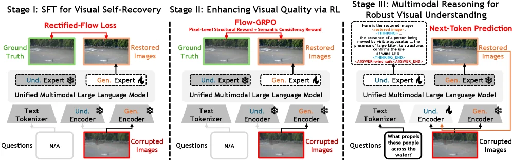 Robust-U1 three-stage framework with SFT, dual-reward RL, and multimodal reasoning