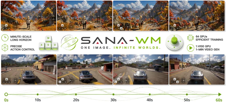 SANA-WM teaser: one image, camera trajectory, minute-scale worlds