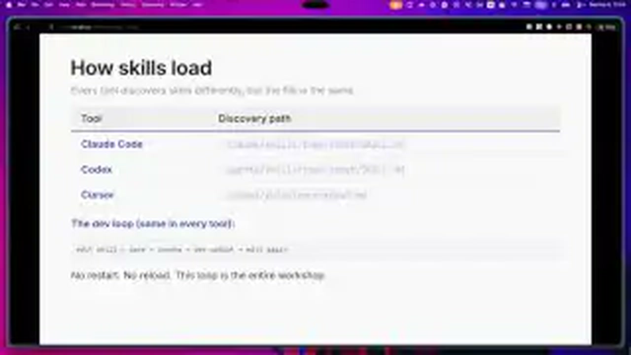 Skills at Scale talk frame around 14:32 showing a slide about how skills load across tools