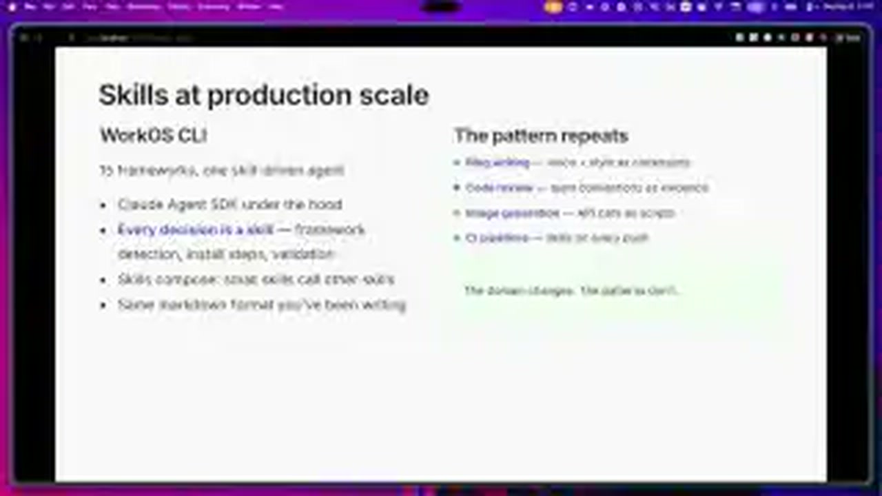 Skills at Scale talk frame around 67:20 showing a production-scale slide