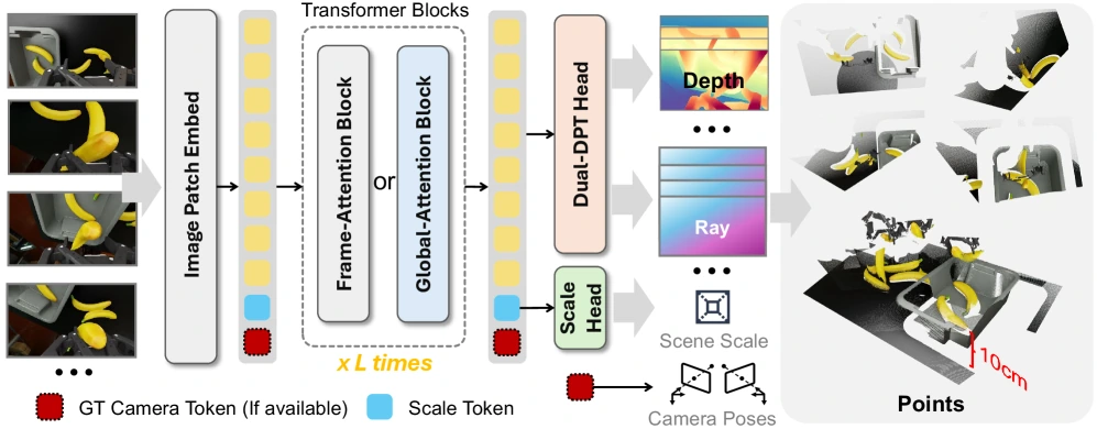 DA-Next architecture figure with image patch embedding, transformer blocks, scale token, optional camera token, dual-DPT head, depth, ray, scale, camera pose, and point outputs