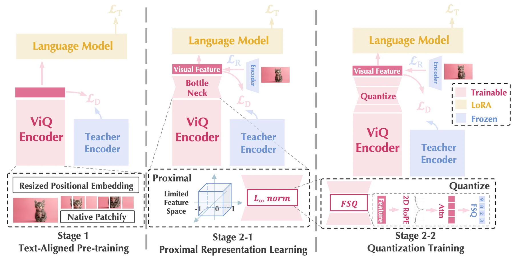 Official ViQ pipeline showing text-aligned pre-training, proximal representation learning, and quantization training