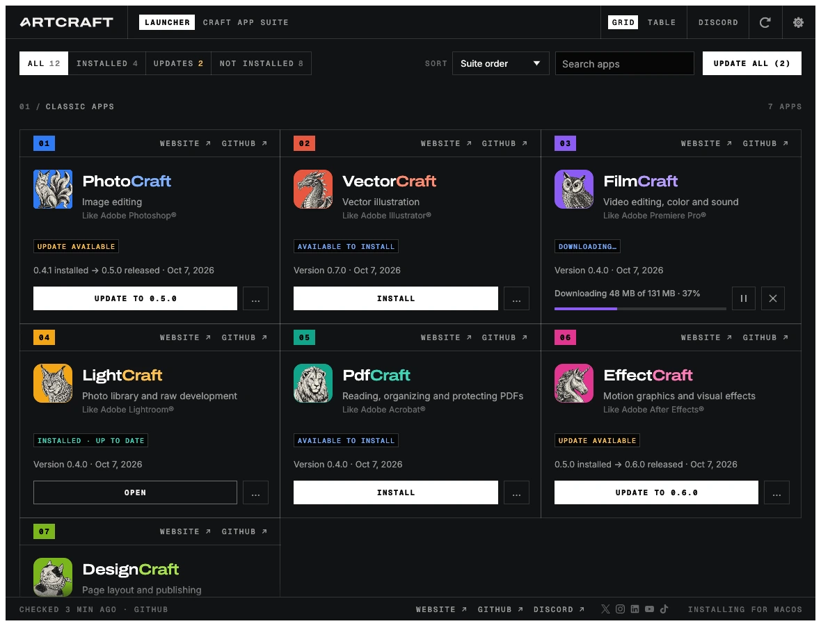 앱별 설치 상태와 버전 및 업데이트 버튼을 보여주는 ArtCraft Launcher 공식 화면
